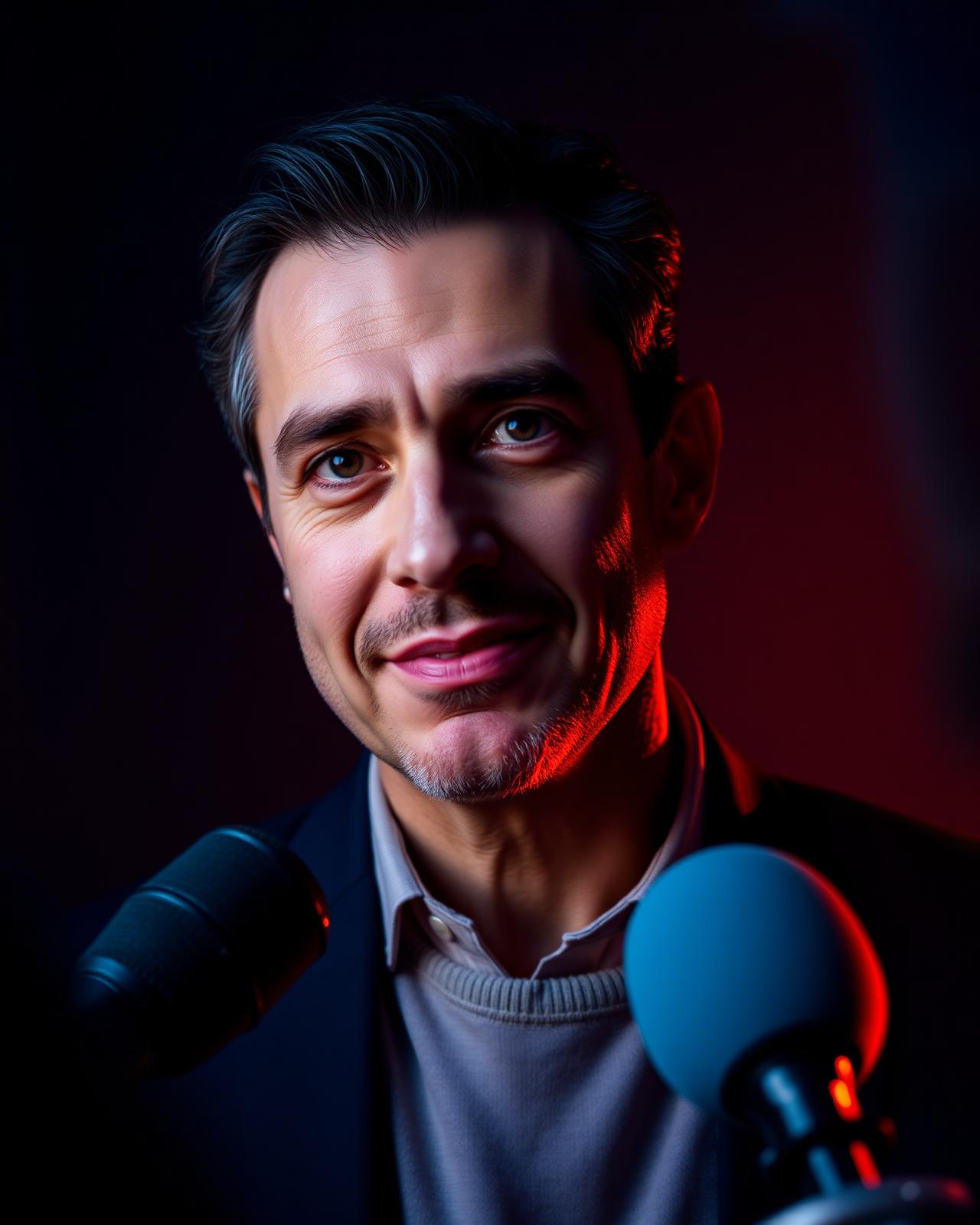 Expert being interviewed under cinematic studio lighting